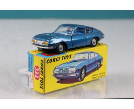 Boxed Corgi 332 Lancia Fulvia Sport Zagato in metallic blue with sky blue interior, diecast & box excellent