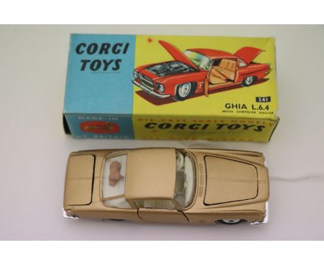 Boxed Corgi 241 Ghia L.6.4 with Chrysler engine in gold with cream interior, diecast excellent, box good with dents 