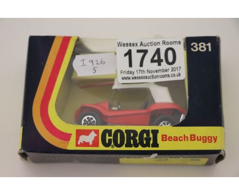 Boxed Corgi 381 Beach Buggy in red with surfboards, vg with gd box that has crack to window