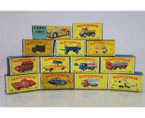 12 boxed Lesney Matchbox Diecast vehicles to include numbers; 28, 49, 64, 62, 7, 22, 15, 10, 40, 45, 35, 43 plus a Boxed Corg