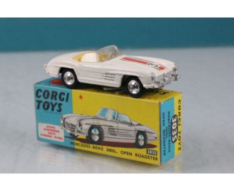 Boxed Corgi 303S Mercedes Benz 300SL Open Roadster in white, red stripe to bonnet with race number 3, no driver, decals excel