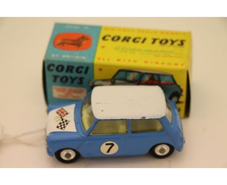 Boxed Corgi 227 Morris Mini Cooper Competition model in sky blue with white roof, pale yellow interior, race number 7 and rac