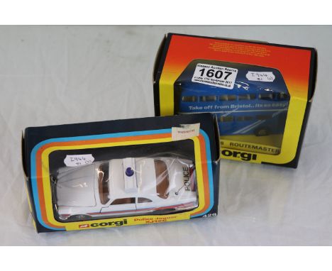 Two boxed Corgi diecast models to include 496 Routemaster 'Bristol Airport' and 429 Police Jaguar XJ12C, boxed excellent, box