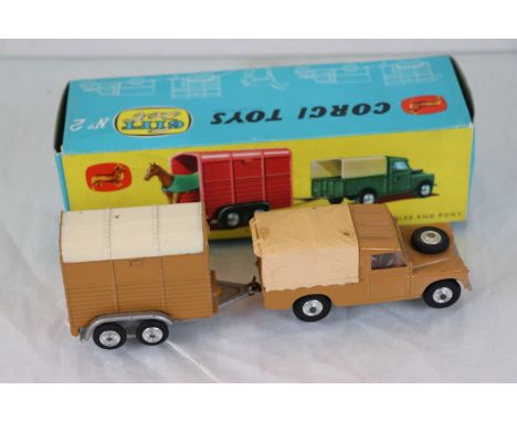 Boxed Corgi Gift Set No 2 Land Rover with 'Rices' Pony Trailer and Pony, in tan, diecast excellent, inner display stand and o