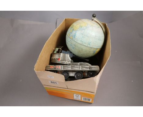 1950s Chad Valley globe (worn) plus a Japanese tin plate tank and a diecast metal tank, along with a small tin of vintage Mec