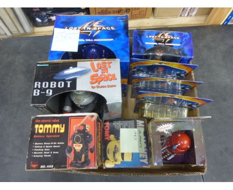 Large box containing Lost in Space Robots and figures, also Talking Dalek robot and other robots