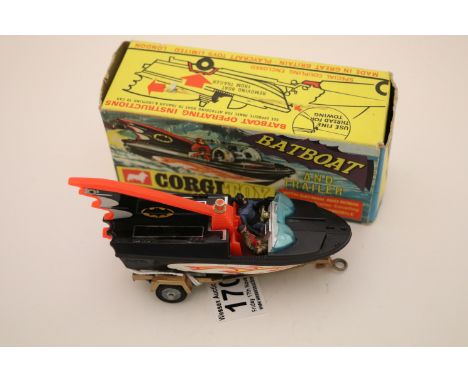 Boxed Corgi 107 Batboat and trailer with both Batman & Robin figures, vg with gd box overall