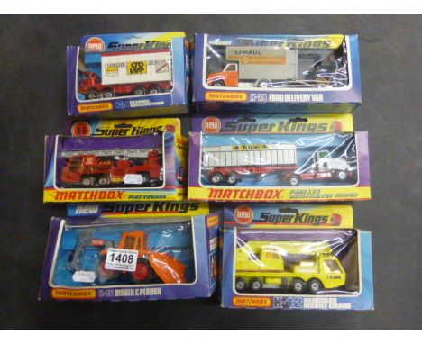 Six boxed Matchbox Super Kings to include K29 Ford Delivery Van, K24 Scammel Continental Truck, K18 Ford LTS Articulated Tipp