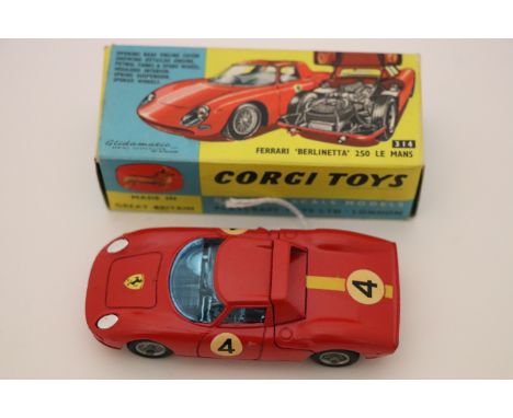 Boxed Corgi 314 Ferrari Berlinetta 250 Le Mans with race number 4, diecast & decals vg with minimal paint chips, box vg
