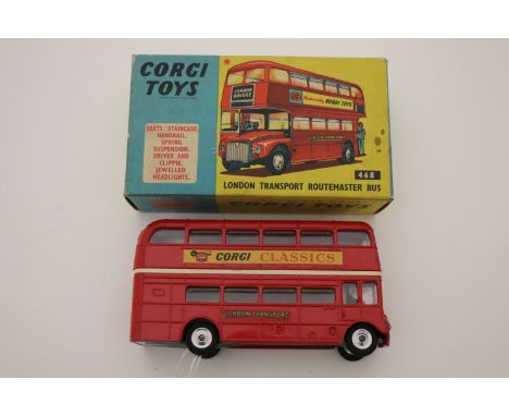 Boxed Corgi 468 London Transport Routemaster Bus in vg condition with vg decals, soe paint chips, box gd