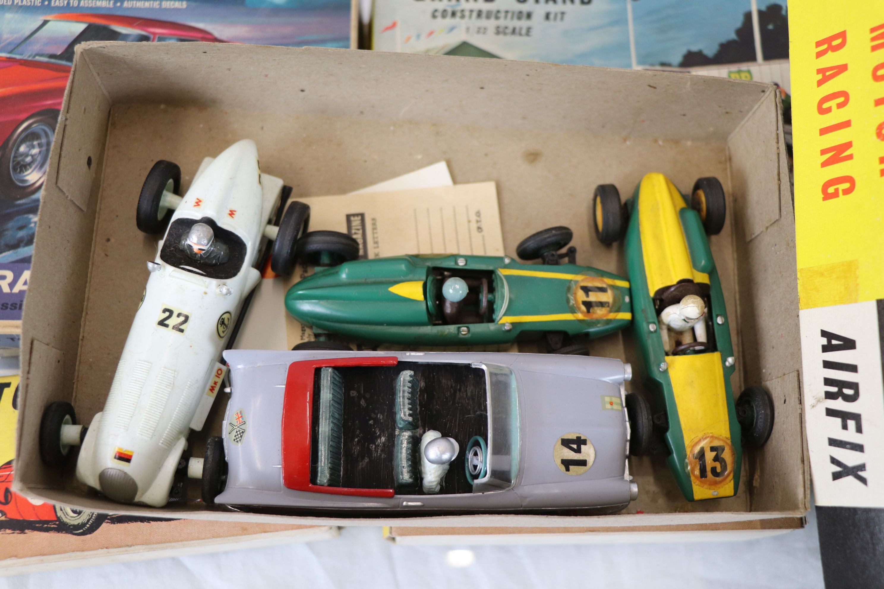 Nine Airfix slot cars including model kits containing within Airfix