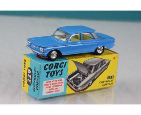 Boxed Corgi 229 Chevrolet Corvair in blue with pale yellow interior, diecast & box excellent