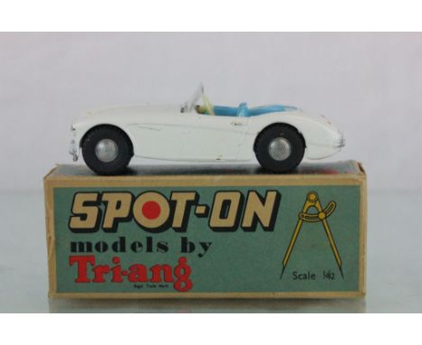 Boxed Triang Spot On Austin Healey 100/SIX Duotone No 105/1 in white with sky blue interior, diecast vg, box gd overall, with