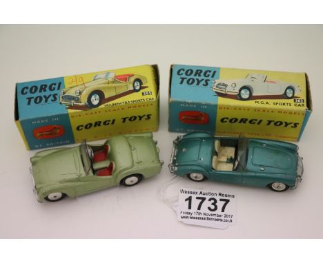 Two boxed Corgi diecast vehicles to include 302 MGA Sports Car in metallic green and 305 Triumph TR3 Sports Car in pale green