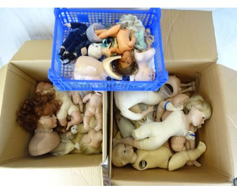 Two large boxes of Bisque & Ceramic composition dolls & parts to include heads