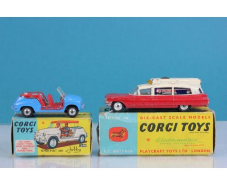 Two boxed Corgi diecast mode vehicles to include 437 Superior Ambulance on Cadillac Chassis (play worn, box missing three end