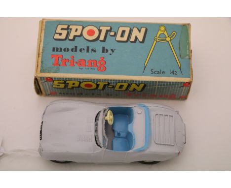 Boxed Triang Spot On Jaguar XK SS No.107 in grey and light blue (possibly custom re-paint), good windscreen, box with tape re