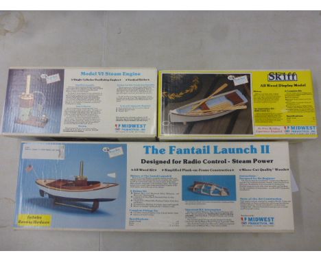 Boxed Midwest products The Fantail Launch II radio controlled steam power boat, plus Midwest products The Skiff all wood disp