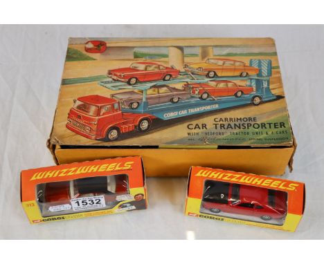 Boxed Corgi Carrimore Car Transporter Gift Set 28 (with replacement cars) plus Two Boxed Corgi Toys Whizzwheels 313 and 311