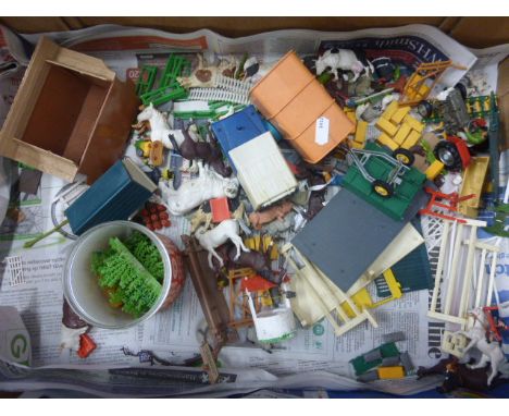 Collection of plastic Britains farm animals, plus farm shed, tractor and other accessories, plus two vintage teddy bears
