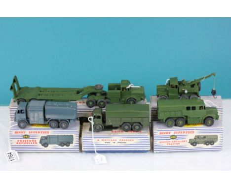 Five boxed Dinky Supertoys military vehicles to include 661 Recovery Tractor, 622 10-Ton Army Truck, 660 Tank Transporter, 64