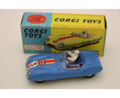 Boxed Corgi 151A Lotus Mark Eleven Le Mans Racing Car in blue with British flag and race number 3, with driver, diecast excel