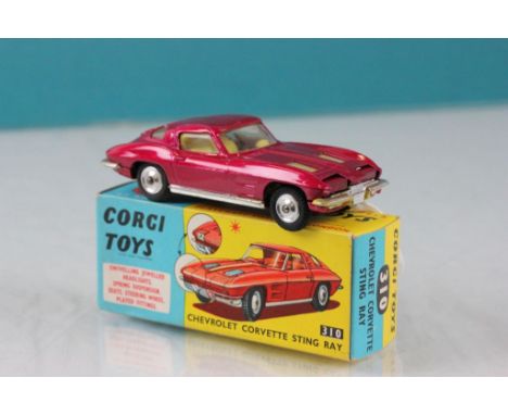 Boxed Corgi 310 Chevrolet Corvette Sting Ray in metallic cerise and yellow interior, diecast vg, box vg