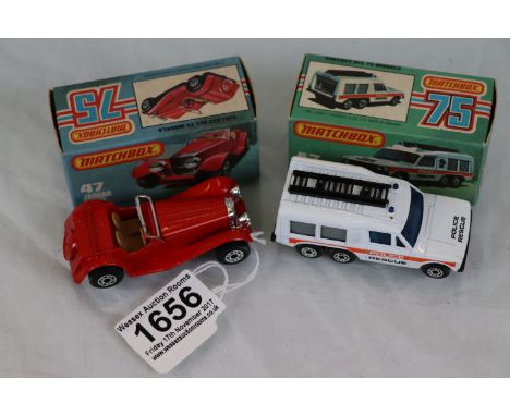 Ten boxed Matchbox Superfast 75 Series diecast vehicles to include 6 Tyrone Malone Superboss, 4 57 Chevy x 2 in red and light