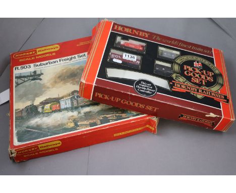 Boxed Hornby R503 Suburban Frieght Set (no power controller) and a boxed Honrby Pick-Up Goods Set with engine and 3 x wagons