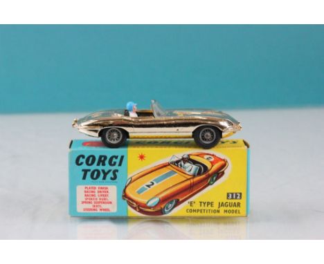 Boxed Corgi 312 E Type Jaguar Competition Model in metallic gold with race number 2, diecast vg with some marks to body, driv