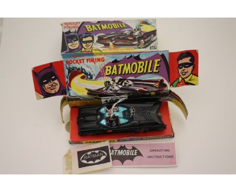 Boxed Corgi 267 Batman Batmobile with both Batman & Robin figures, instructions, diecast vg, box and inner display stand show