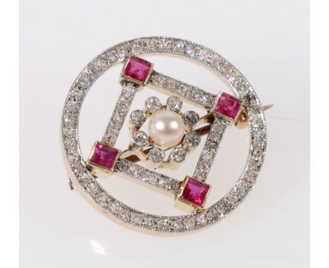 Edwardian openwork circular brooch with diamond and pearl cluster within a similar square with ruby corners and outer band of