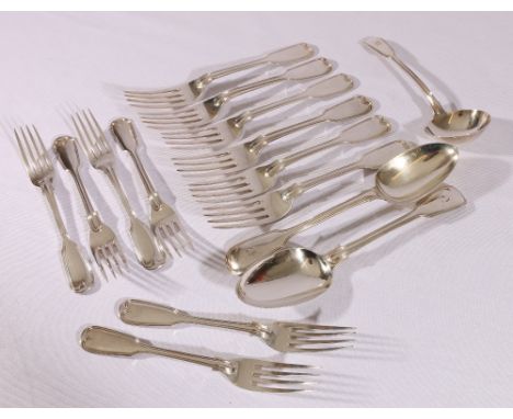 Victorian silver part canteen of cutlery to include six table spoons, six dessert spoons, two table spoons, and a ladle. Lond