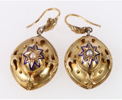 Pair of Victorian gold drop earrings of navette shape with applied leafage, blue enamel and a pearl, probably 15ct, 7.3g. CON