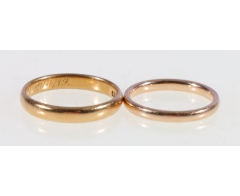 18ct gold plain wedding band, 3.96g size R/S, and another 9ct gold 2.2g size R/S.