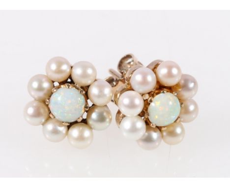 Pair of ear studs, each with opal and pearl cluster.