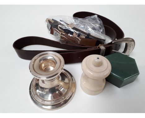 Silver mounted leather belt, a dwarf candlestick (loaded), a hardstone box, a pepper mill and various watch straps.