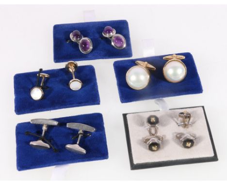 Pair of 9ct gold and mother-of-pearl cuff links and four other pairs, silver, all swivelling. (5)