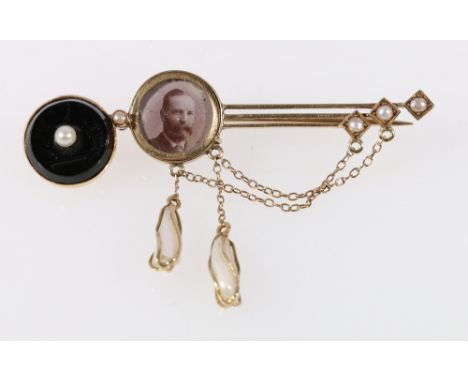 Unusual Edwardian gold mourning brooch with pearl and onyx button, swivelling to reveal a miniature on pearl set triple bar. 