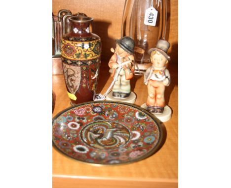 TWO HUMMEL FIGURES, 'Little Fiddler' and 'Street Singer' HUM131 (chip to hat), together with two pieces of cloisonne (4)