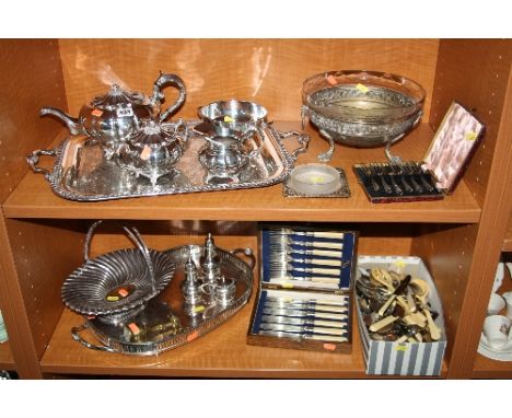 A FOUR PIECE PLATED TEA SERVICE, two trays and other plated wares, cased fish eaters and other cutlery etc