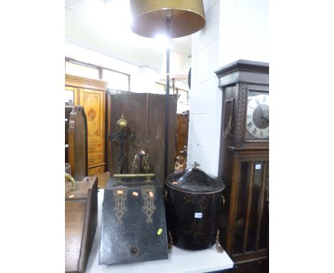 A TOLEWARE STYLE LIDDED COAL BUCKET, painted coal box, standard lamp with shade, etc (5)