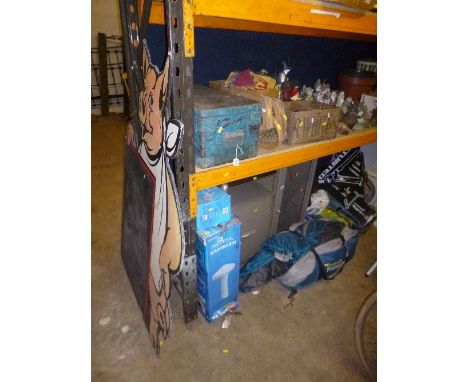 A PAINTED METAL BANDED TRUNK, wooden bottle crate, box of beer towels and a metal figure, etc (9)