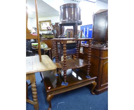 A MAHOGANY TWO TIER OCCASIONAL TABLE, and a barrel planter with galvanised insert (sd) (2)