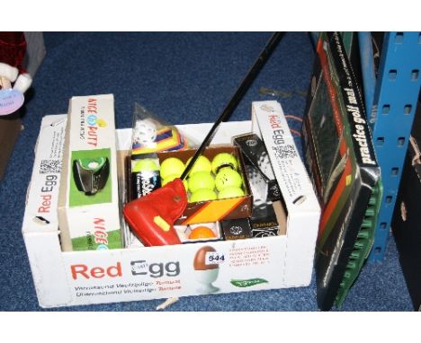 VARIOUS GOLF BALLS, putter, golf mat and putting item etc