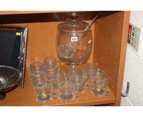 AN ETCHED GLASS PEDESTAL COVERED PUNCH BOWL, together with ladle and matching twelve cups (14)