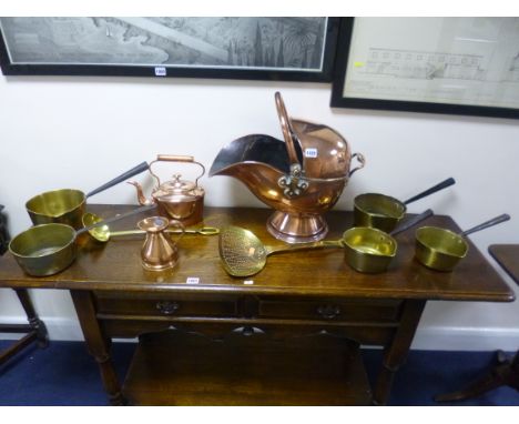 A QUANTITY OF BRASS AND COPPERWARE, including a helmet shaped coal scuttle (10)