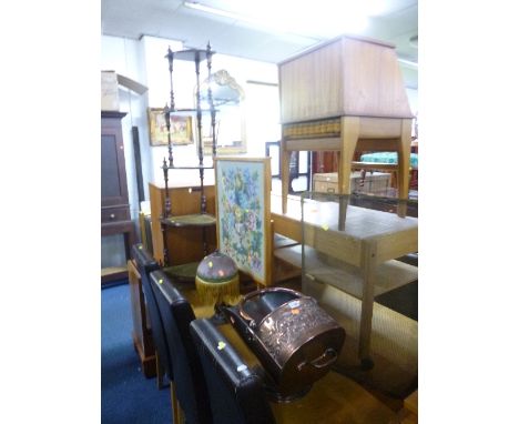 A COPPER COAL SCUTTLE, a modern five tier what not, needlework firescreen/table, gilt mirror, etc (6)