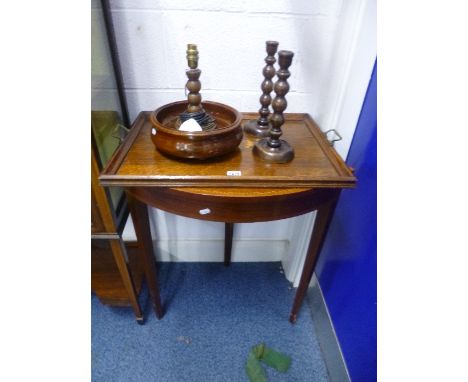 A 19TH CENTURY OAK INLAID TRAY, mahogany inlaid corner table, oak fruit bowl, a pair of candlesticks and a table lamp (no sha