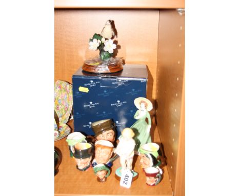 A SMALL GROUP OF ORNAMENTS, to include Royal Worcester 'Joan', Coalport 'Sarah Jane', boxed Border Fine Art figure 'Wren & Ap